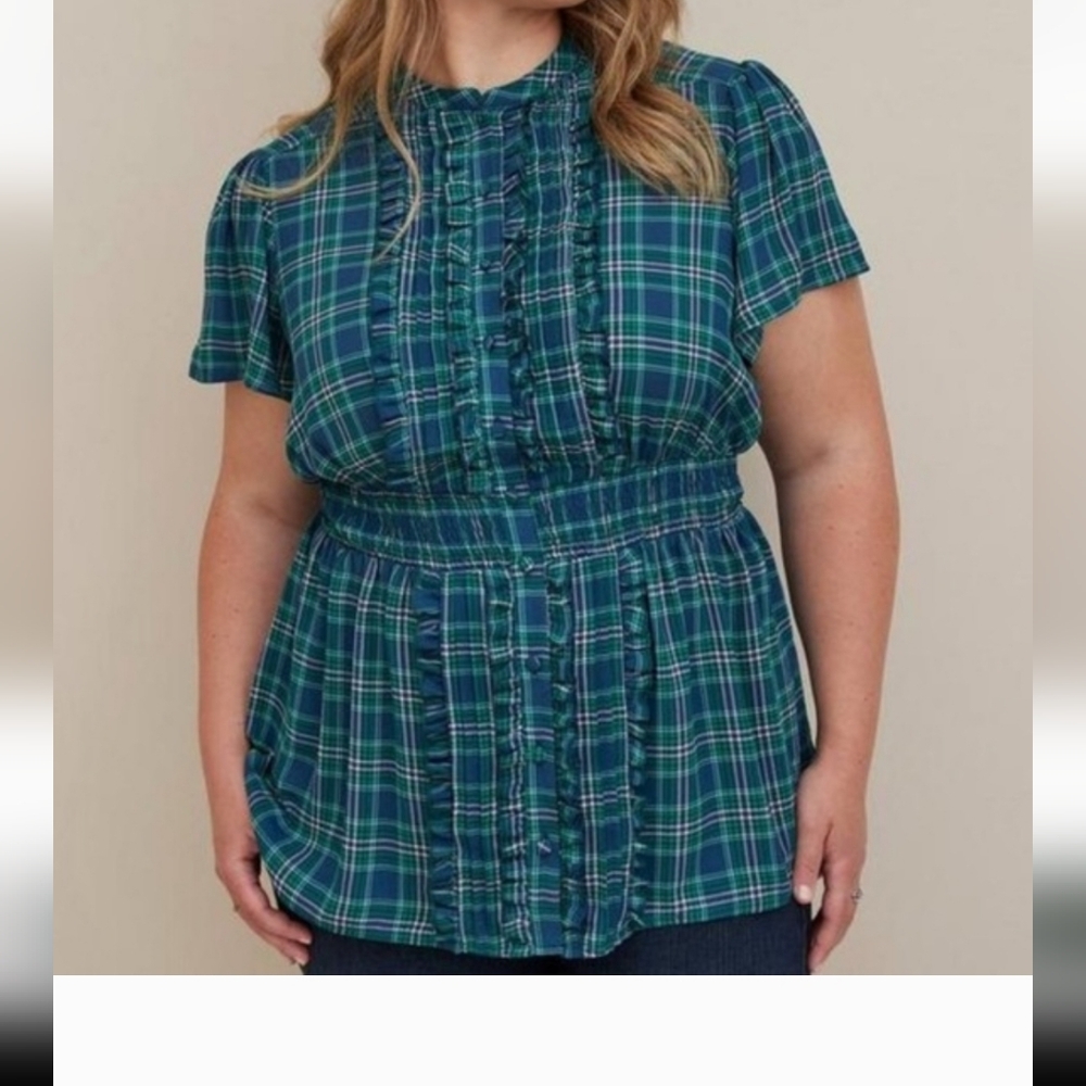 Torrid Size 3 Ruffle Front Flutter Sleeve Blouse Blue Green Plaid